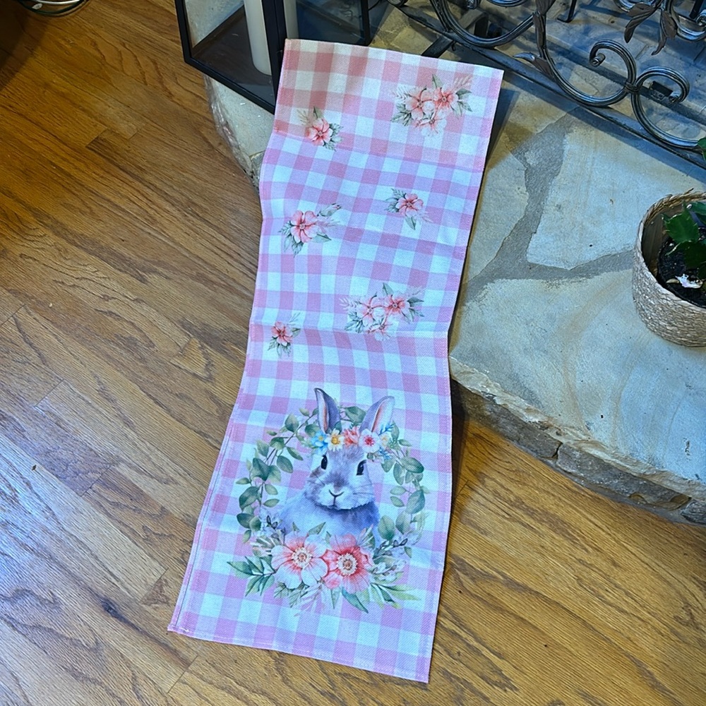 New Easter Bunny Pink Buffalo Plaid Spring Table Runner